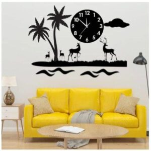 Nature-Inspired 3D Deer & Palm Tree Wall Clock – Modern Wooden DIY Art